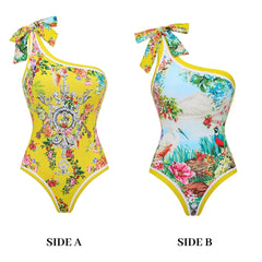 Yellow Print Ruffle Strap Swimwear Set
