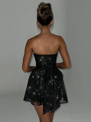 Strapless Black Off-shoulder Pleated Sequins Sparkle Mini Dress