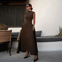 Slanted Collar Solid Pleated Long Dress