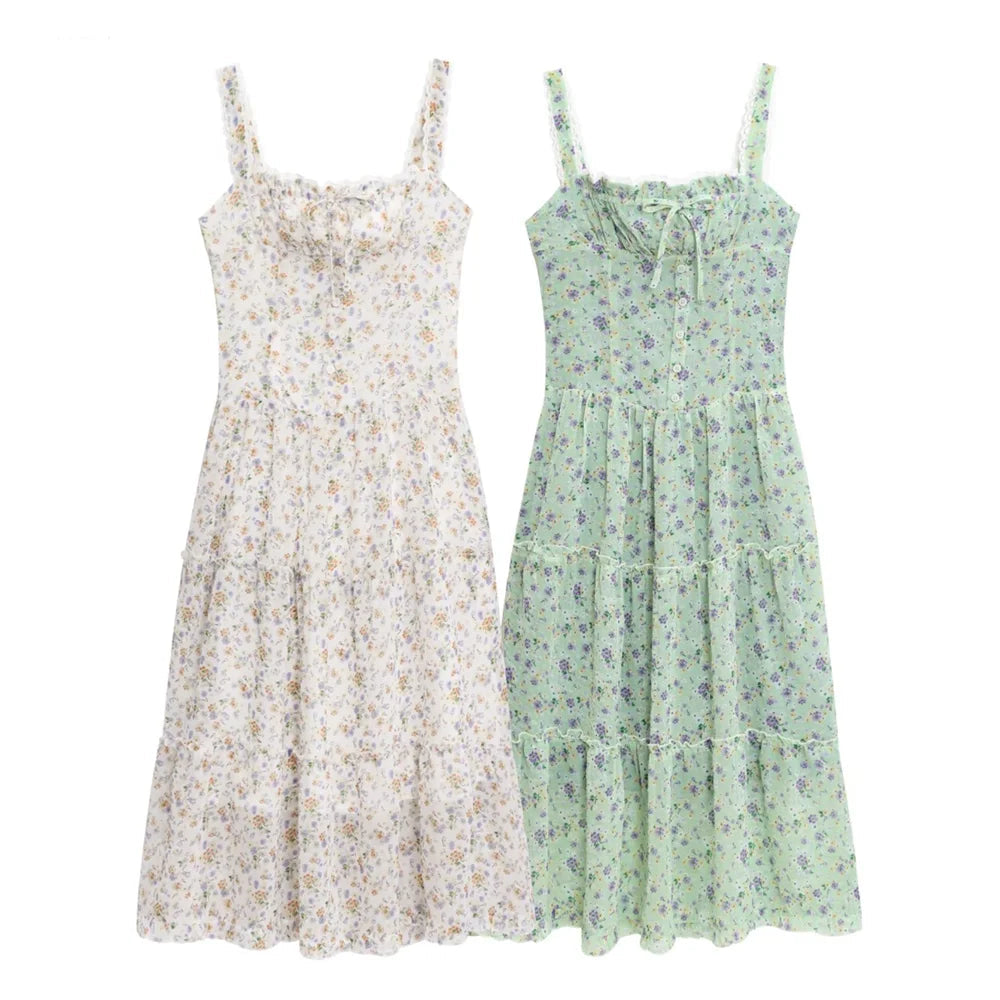 Two floral dresses, one beige and one green, on a white background with 'ZJOAN SHOW' branding.