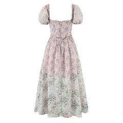 Pink Printed Pachwork Puff Sleeve Midi Dress
