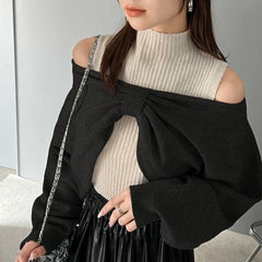 Bow Knit Top and Sweater Suspender Two-piece Set