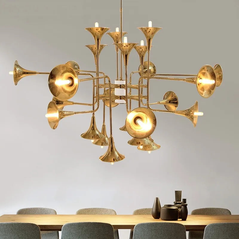 Nordic Gold Trumpet Pendant Lamps Multi Heads Chandeliers Lights Modern Creative Personality Art Vintage Retro Horn Floor Light Golden Atelier 1