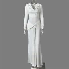 Draped Cowl Neck Long Sleeve Maxi Dress