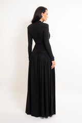 Long Sleeve Deep Neck Ruched Shimmering Slit Maxi Dress