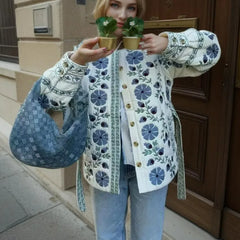 White Quilted Blue Flower Print  Jacket