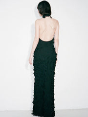 Halter Neck 3D Square Fringe Patchwork Maxi Dress