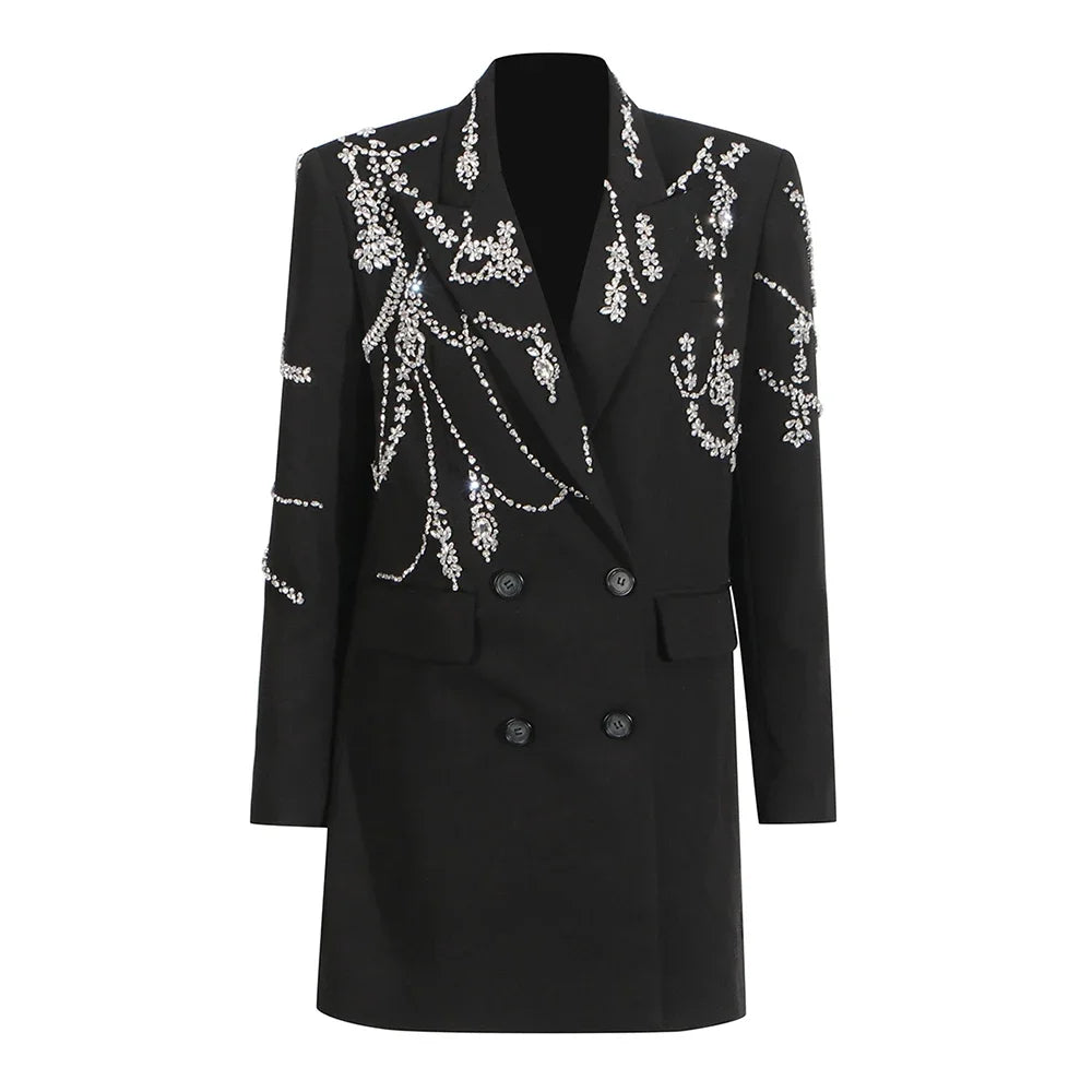 Black blazer with white floral embroidery on a white background