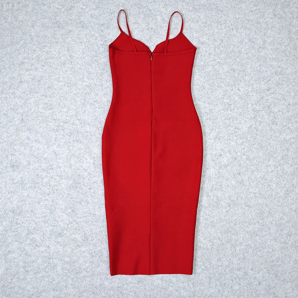 Red dress with thin straps on a light gray background