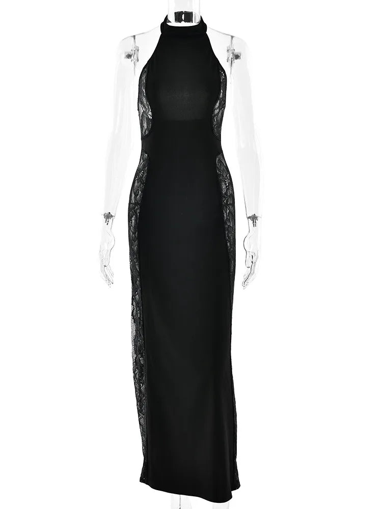 Black evening gown with lace detailing on a mannequin against a white background