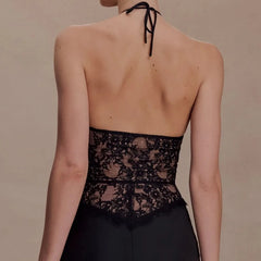 Keyhole Cutout Halter Lace Bustier Top