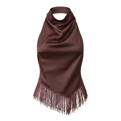 Brown halter top with fringes on a white background