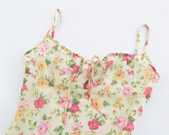 Close-up of floral print and tie detail on maxi dress