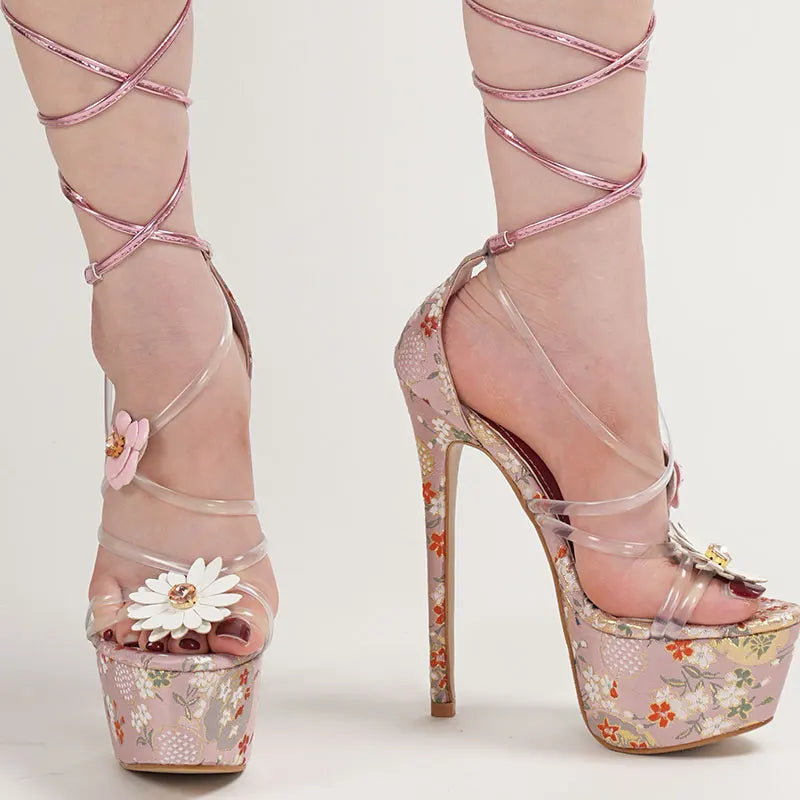 High-heeled shoes with floral design and transparent straps