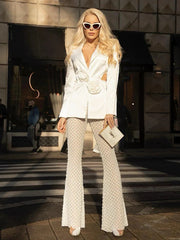 Beaded Pearls Flower Blazer and Mesh sequin Trousers Suits
