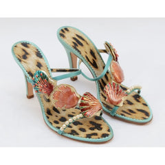 Seashell embellished stiletto heel sandals with leopard print