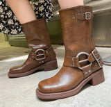 PU Leather Mid-Calf Boots Thick Heels Round Toe Size 34-39