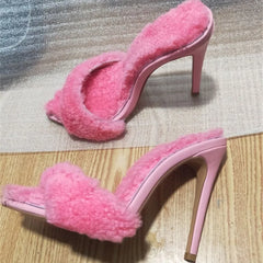 Runway High Heel Slippers Women Slingback Large Size Shoes Pointed Peep Toe Fur Dress Slides Party Women's Sandals Golden Atelier