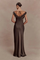 Off-Shoulder Cowl Neck Maxi Dress with Draped Front