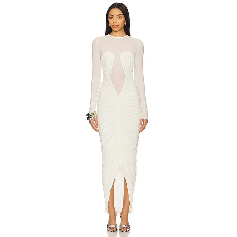 Long sleeve ruched split hem dress front view
