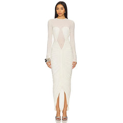 Long sleeve ruched split hem dress front view