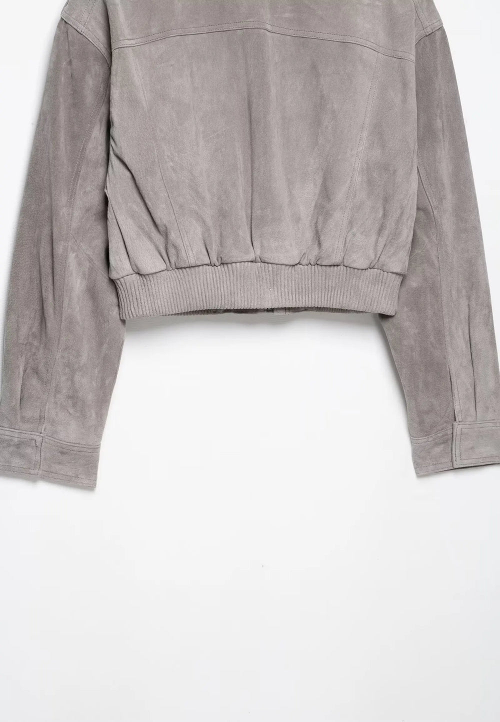 Back view of grey suede cropped jacket