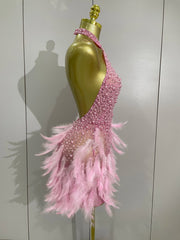 Beaded Feather Halter Sequin Mini Dress