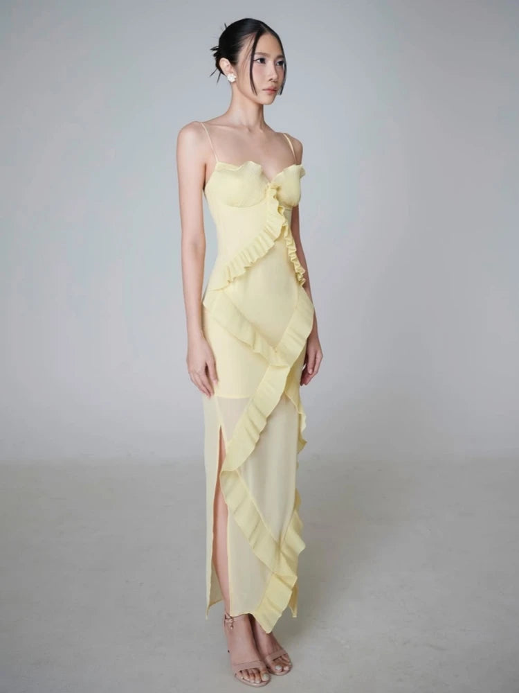 Side view of ruffled spaghetti strap maxi dress