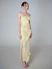 Side view of ruffled spaghetti strap maxi dress