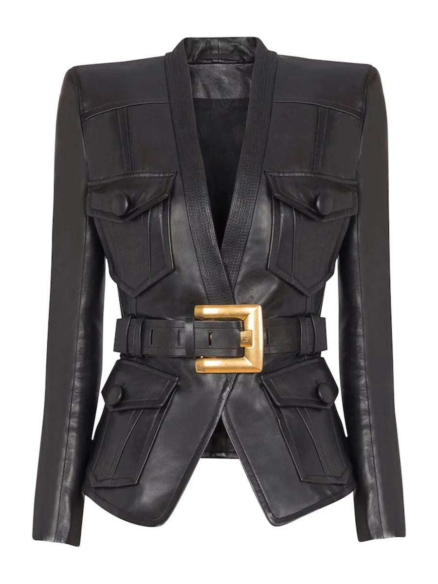 Black leather jacket with a gold buckle 