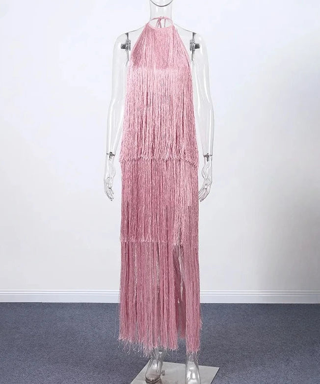 Mannequin wearing a pink fringe dress against a white background