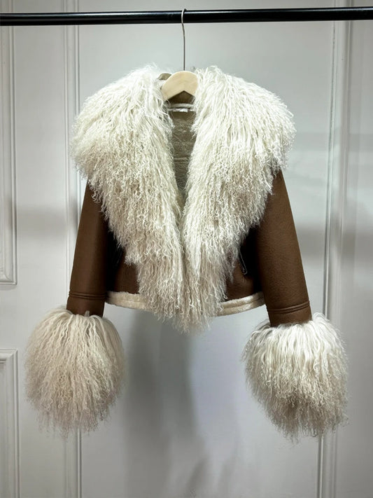 Brown faux leather jacket with white fur collar and cuffs