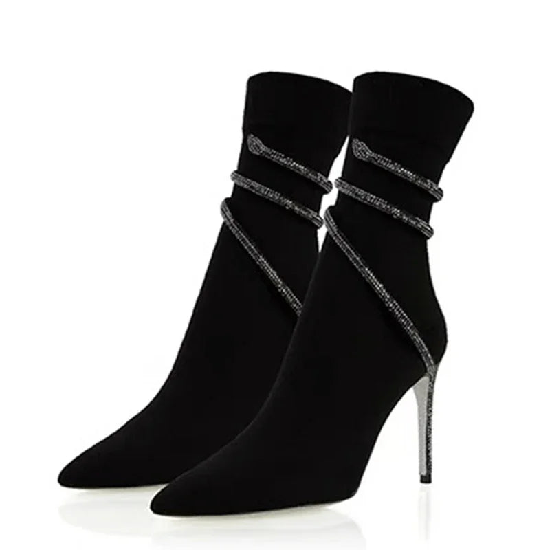 Pair of pointed toe crystal ankle boots