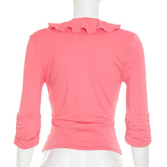 Ruffle V-Neck Quarter Sleeve Cropped Top