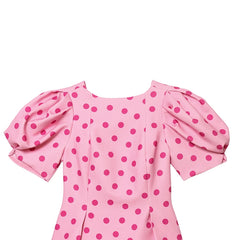 Pink polka dot puff sleeve peplum top detail view