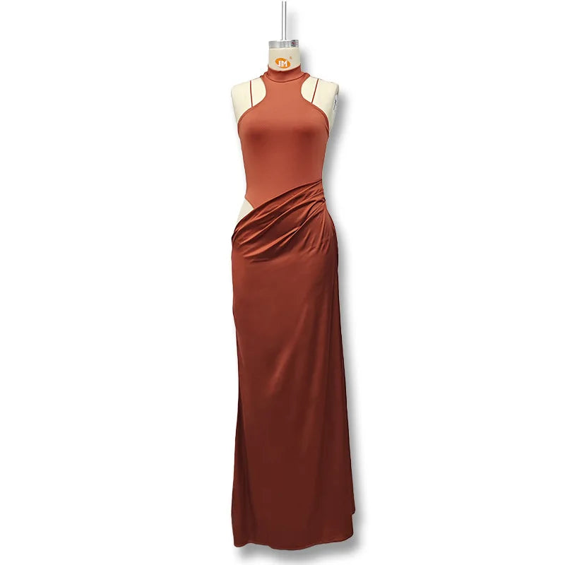Brown evening gown on a mannequin against a white background
