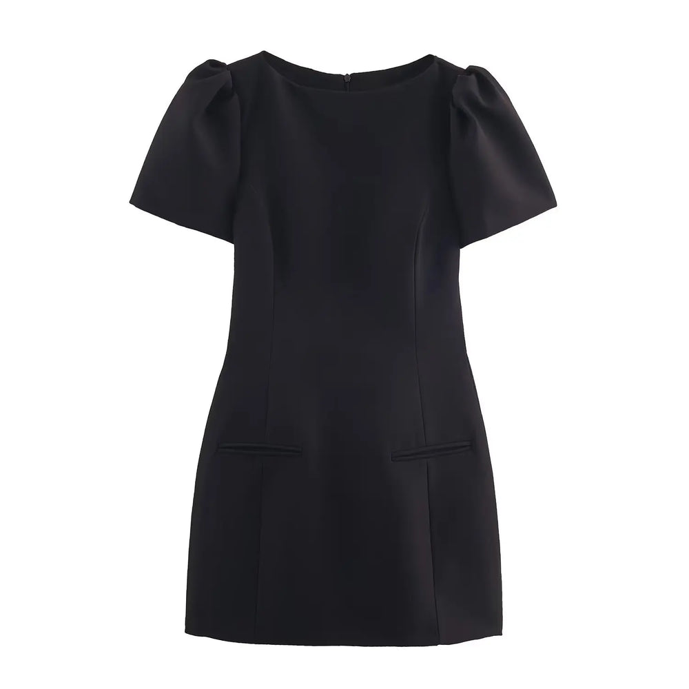 Black dress with puff sleeves on a white background