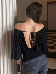 Off shoulder tie back top black