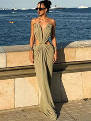 Olive green halter neck draped maxi dress with gold chain detail