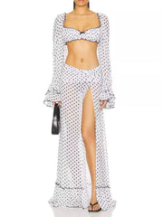 Polka dot square neck long sleeve top and high waist skirt set