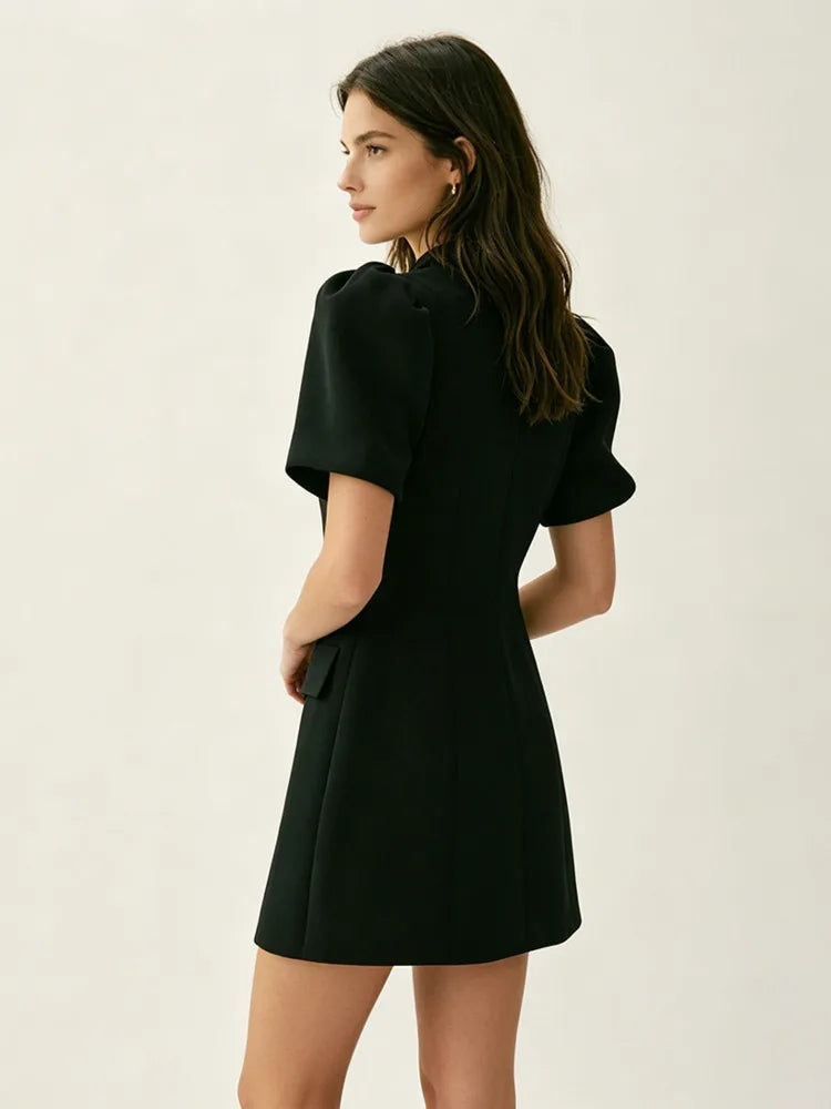 Black puff sleeve blazer mini dress side view