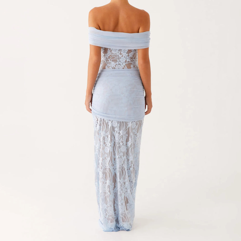 Light blue off-shoulder dress with lace detailing on a white background