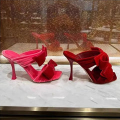 Pink Velvet Bow Stiletto Mules