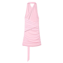 Pink halter neck dress with draped design on a white background