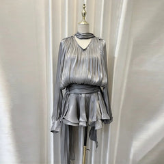 Pleated Draped Sleeve Ruffle Hem Mini Dress