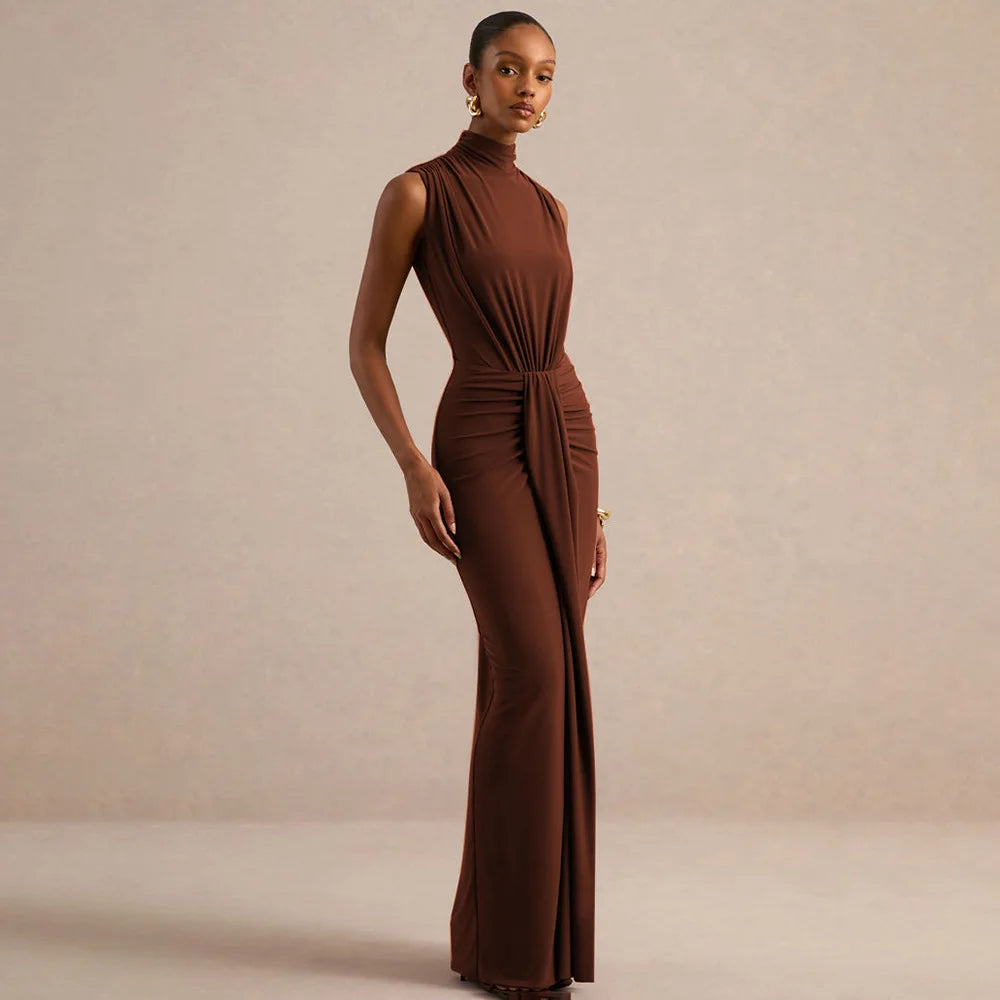 Brown mock neck sleeveless maxi dress with ruched waist