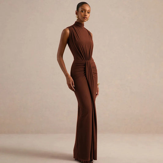Brown mock neck sleeveless maxi dress with ruched waist