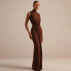 Brown mock neck sleeveless maxi dress with ruched waist