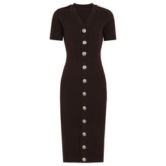 Dark brown knit midi dress with silver buttons