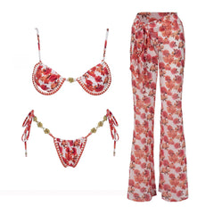 Printed Triangle Bikini and Scarf Two-Piece Set